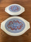 Vintage Pyrex New Holland 043 045 Oval Dish w Lids Blue Hearts Orange Red Tulip
