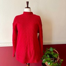 Vintage Lizwear 100% Cotton Red Knit Mock Neck Sweater L Pointelle Knit USA Made