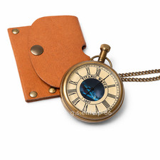 HMS Endeavour Titanic 2" Brass Pocket Watch Leather Pouch Nautical Antique Gift
