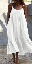 Boho Women's Strappy Solid Max Dress Summer Beach Loose Baggy Kaftan Sundress UK