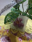 Flower Hand Beaded On Wire. Lavender and White . Green Leaves. Apx. 6" X 6". — photo 5