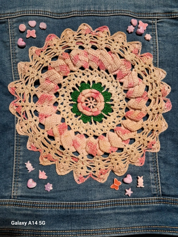 Cat & Jack Denim Jacket Girls Kids Medium (8) Blue Long Sleeve Crochet Decorated - Image 3 of 4