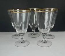 Fostoria Aurora Lot of 5 Iced Tea Glasses Stem 6092 Clear Crystal Gold Rim VTG