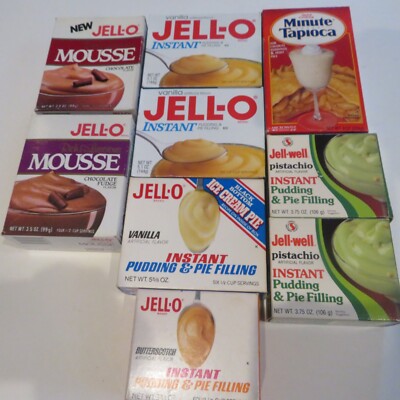 VTG Lot of 9 NOS JELL-O Pudding Pie, Mousse, Minute Tapioca, Jell-Well Pudding