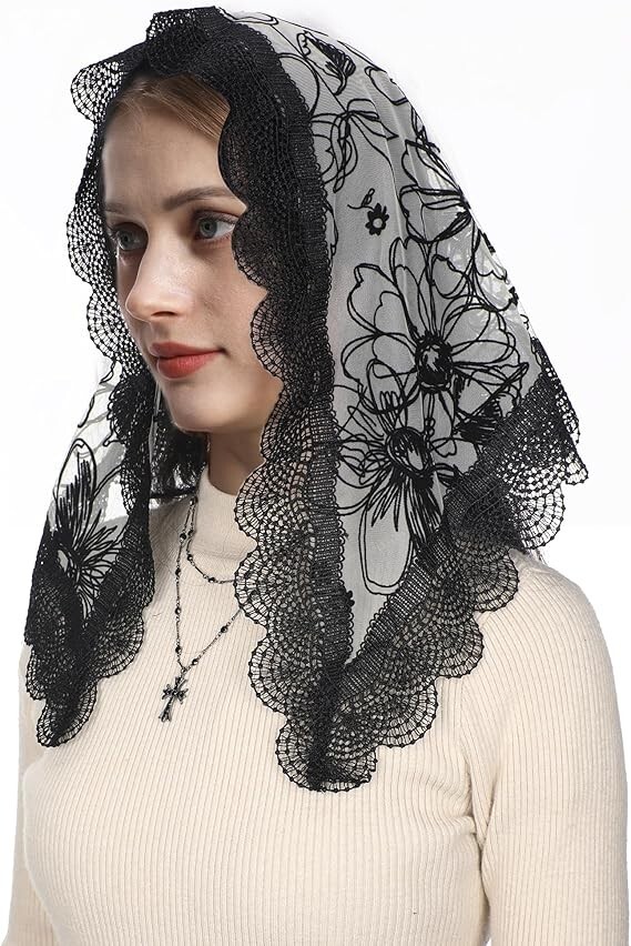 Black Small Triangle Floral Lace Catholic Chapel Mantilla Veils