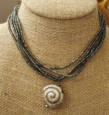 Multistrand Bead Necklace Celtic Snake Eats Tail Pendant Nautilus Silvertone 14''