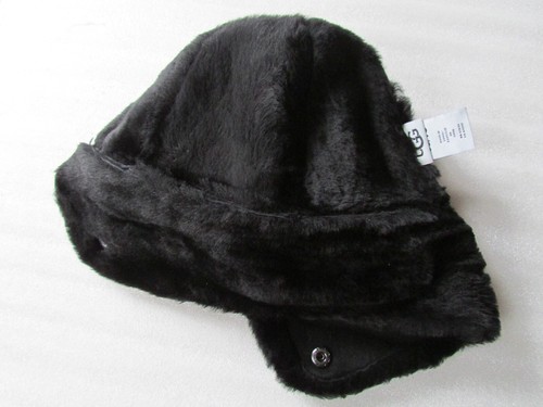 UGG Hat Up Flap Shearling Pom Aviator Water Resistant Trapper New Black $190 - Picture 4 of 14