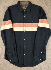 Tommy Hilfiger Shirt Men Sz L Custom Fit Button Up Embroidered Flag Big Stripes