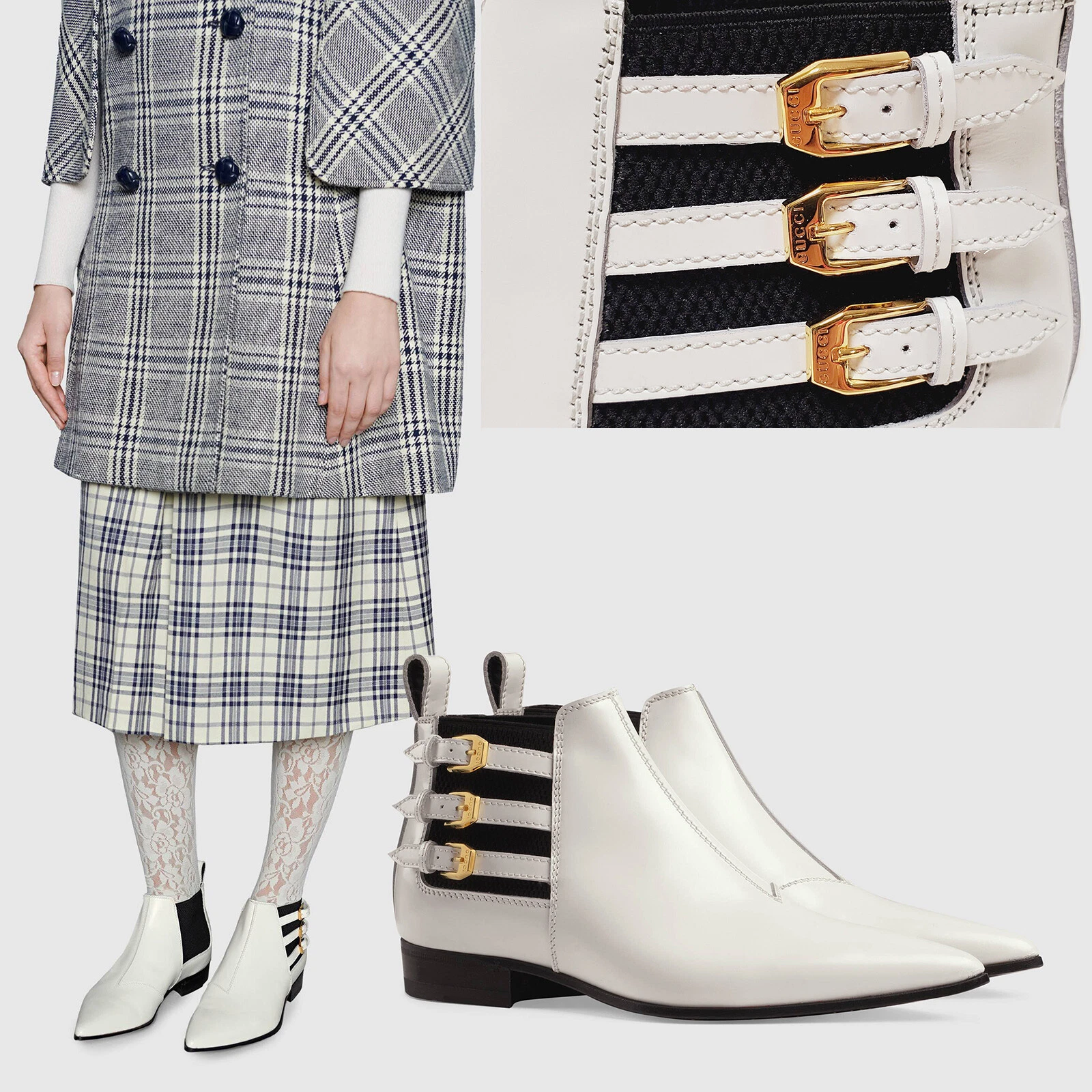 BOTTES GUCCI CHEVILLE QUÉBEC 3 BOUCLES CUIR BLANC BOUT POINTU 1 pointure 37,5 7,5