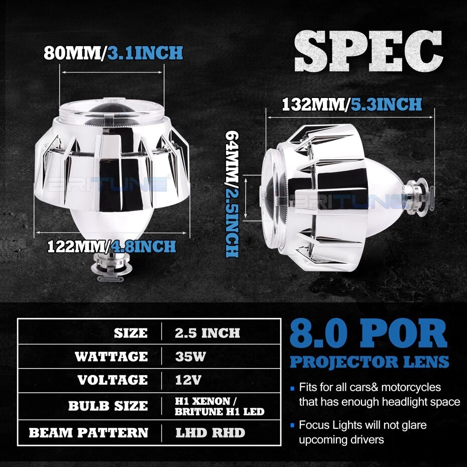 HID Bi-xenon Projector Lens Dual LED Angel Eye Halo H4 H7 Headlight Retrofit Kit - Image 2 of 4