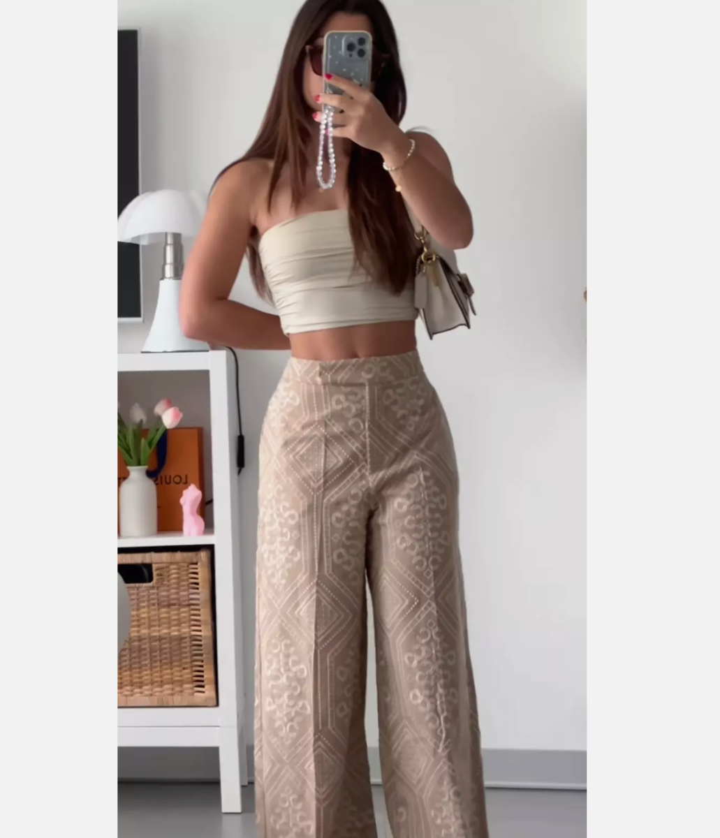 ZARA HIGH-WAIST WIDE LEG EMBROIDERED CULOTTES PANTS TROUSERS