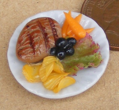 Puppenstube versilbertes Essen Steak Bratkartoffeln auf S Keramikschale Maßstab 1:12 Tumdee