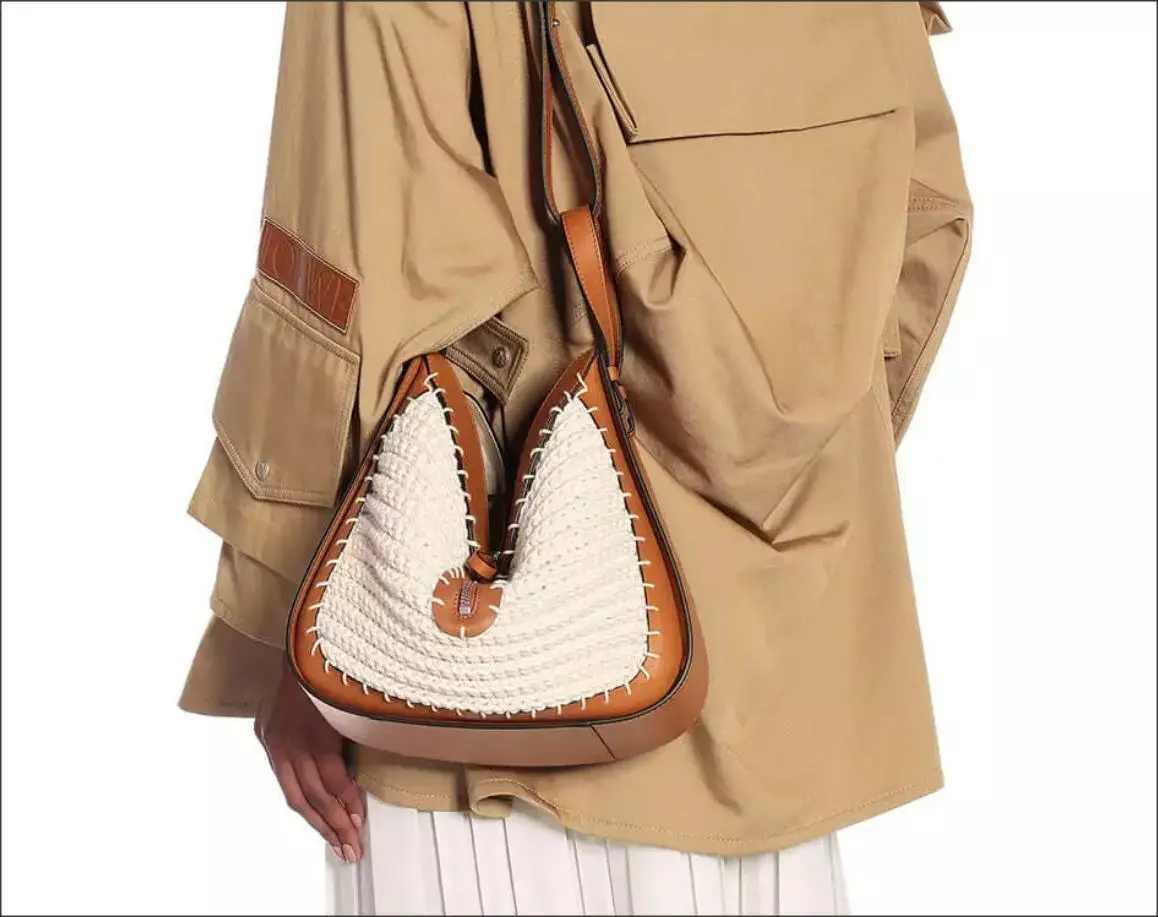 3.3k Auth Loewe Hammock Hobo Bag Shoulder Handbag Knit Cotton/Leather  Tan/White