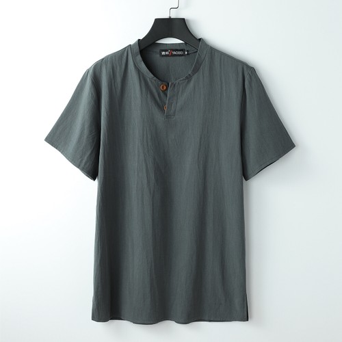 Men's Stand-up Collar Short Sleeve Cotton Hemp Summer T-shirt Loose Linen V-neck - Picture 8 of 10