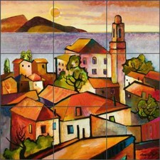 Mediterranean Tile Backsplash Cullar Ceramic Mural Village Landscape Art WC11