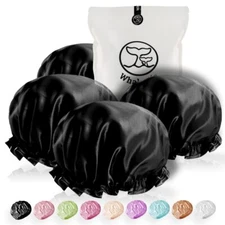 Extra Large Reusable Shower Cap for Men, Women (Black 4 Pack )Satin Double Layer