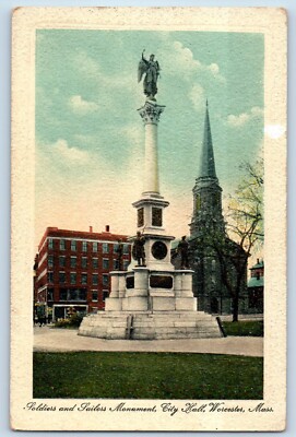 Worcester Massachusetts Postcard Soldiers Sailors Monument City Hall Statue 1910