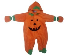 One Piece Infant Pumpkin Costume Outfit Sz 3-6 mos Hood Orange Gloves Halloween