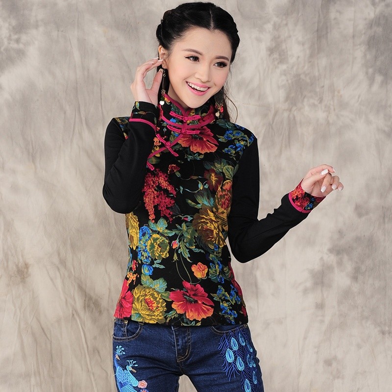 Casual Newspaper printing Mandarin Collar Blouses
