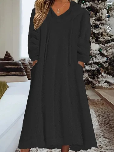 Womens Hooded Long Teddy Bear Fleece Fur Pockets Hoodies Jumpers Dress PLUS SIZE - Picture 11 of 24
