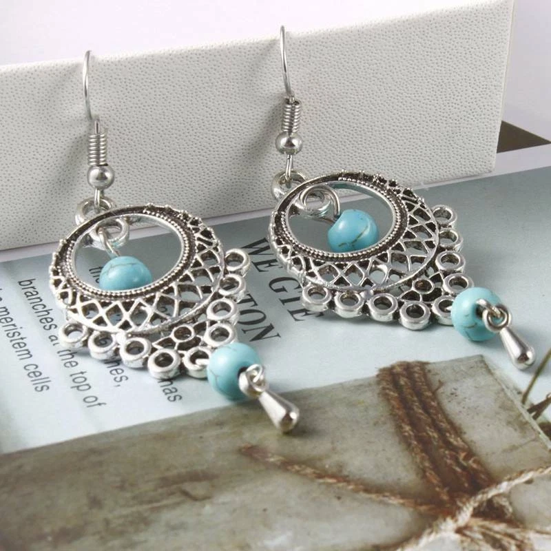 Pendientes Boho Largo Color Colgante Turquesa Vintage Mujer Plateado Foto 3 de 4