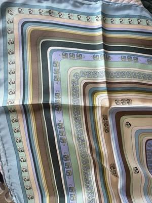 OllieFiveFive 100% Silk Scarf Shawl 42x42 Blue Green Geometric Hand Rolled