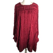 KLD deep red fringed satin long sleeve tunic dress Sz Large textured shift