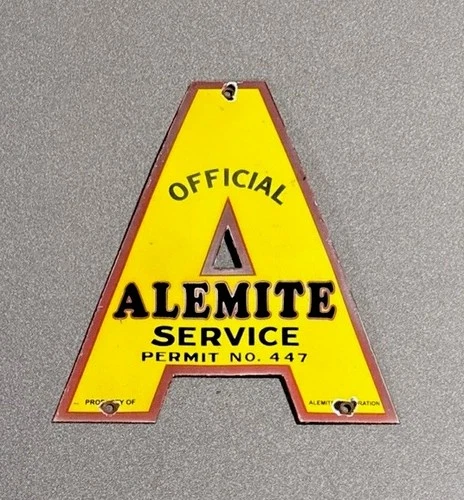 VINTAGE ALEMITE OFFICIAL SERVICE PORCELAIN SIGN CAR GAS TRUCK MOTORCYCLE OIL