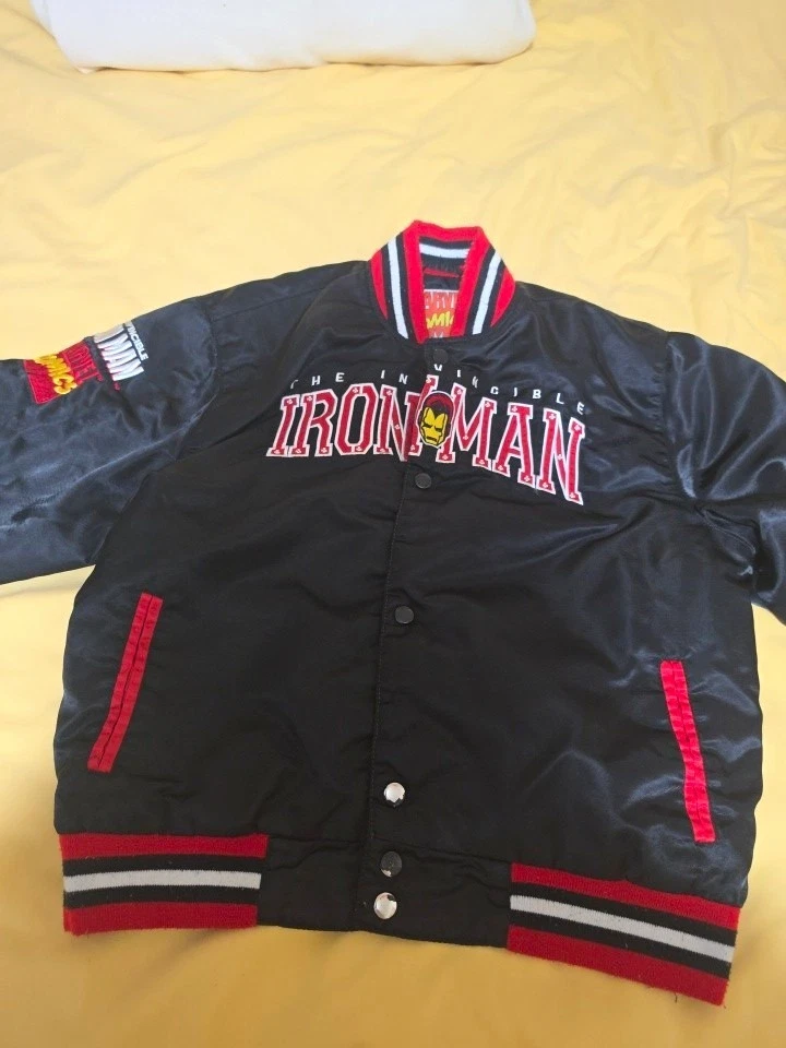 Marvel Comics Iron Man Varsity Jacket Satin Snap Front Embroidered Black XL image 1