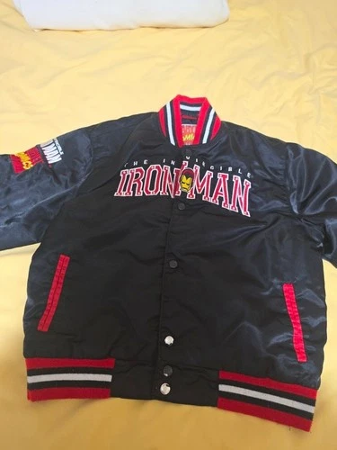 Marvel Comics Iron Man Varsity Jacket Satin Snap Front Embroidered Black XL video thumbnail