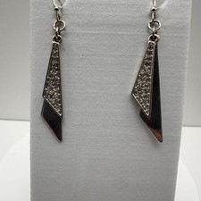 Vintage 90s Silver Tone Geometric Dangle Earrings Clear Rhionestone Modern Style