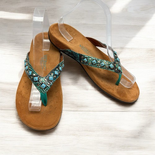 Vionic Women's Embellished Flip Flops Turquoise Snake Print Sandals Size US 10