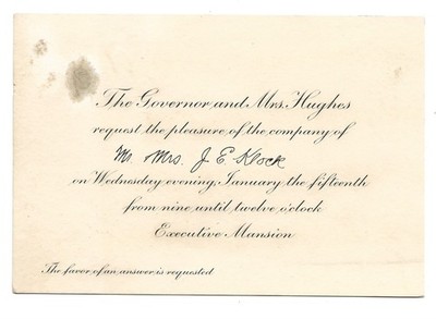 1908 New York Governor Charles E Hughes Private Reception Invitation -J.E. Klock