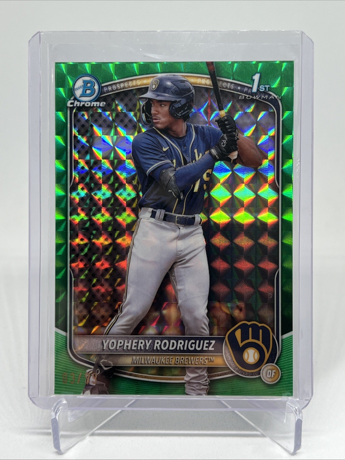 2025 Bowman Yophery Rodriguez 1st Chrome Green Geometric Refractor /99 Brewers