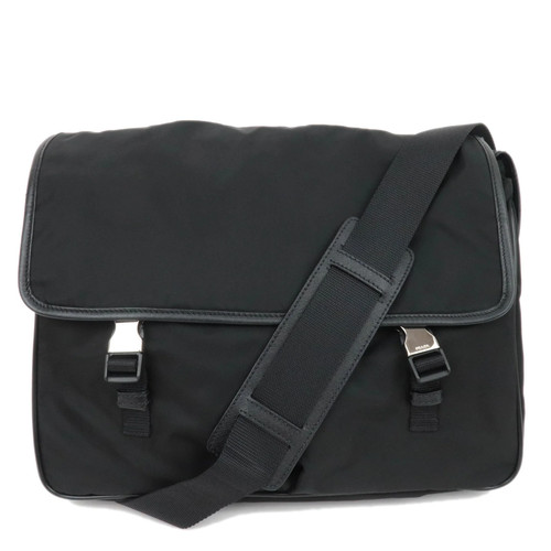 PRADA Large Nylon Shoulder Bag Black Silver HDW VS0255 Authentic