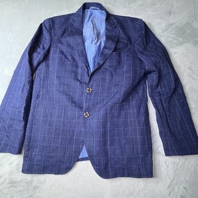 Rodd & Gunn Marlane Blue Windowpane Plaid  Blazer Sport Coat M 100% linen