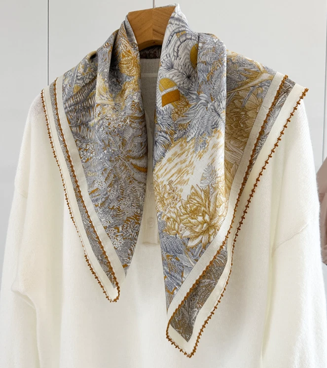 70%Cashmere 30% Silk Neckerchief Shawl rainforest Print Bandanna Scarf 26'' Wrap