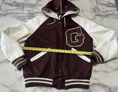 Vintage DeLONG Varsity Jacket Made in USA Size 38 Maroon Leather Wool Split Hood