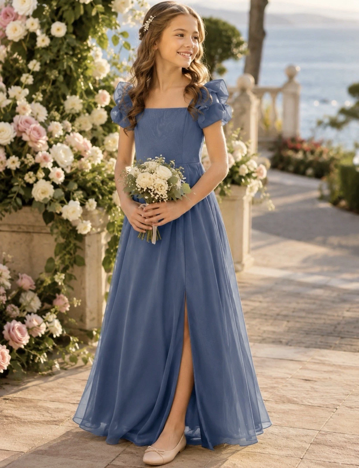 NWT BXZ Girls Size 10 Dusty Blue Chiffon Maxi Dress Puff Sleeve Formal