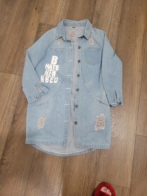 lin Light Blue Distressed Button Front Text Accent Long Jacket Women's
