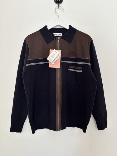 Miu Miu Wool Knit Zip Cardigan Brown Suede Trim IT40 Made in Italy
