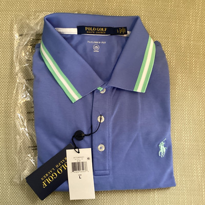 RL Polo Golf Women Large Short Sleeve Shirt Blue w Gre/Wht Stripe NWT  Wyndham