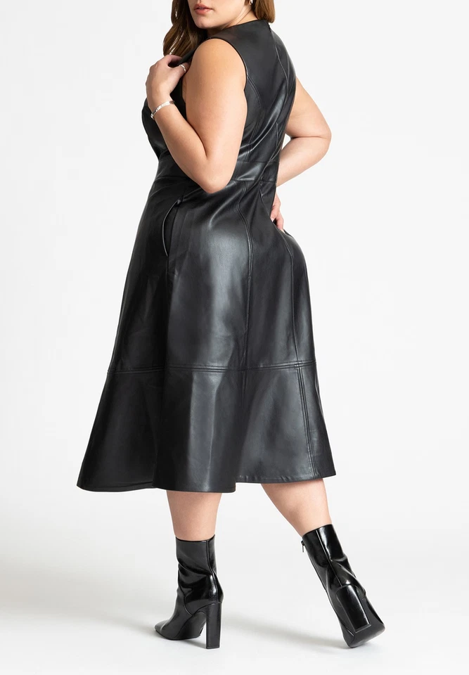 ELOQUII Women's Plus Size Faux Leather Knot Detail Flare Dress - Image 3 of 4