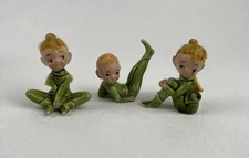 RARE 3 Vintage Green Pixie/Elf Girls/boy W/Blonde Hair Figurines Japan Giftcraft