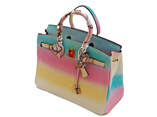 Large Genuine Leather Belt Ombre Gradient Handbag Top Handle Tote Rainbow Pastel - Picture 2 of 13