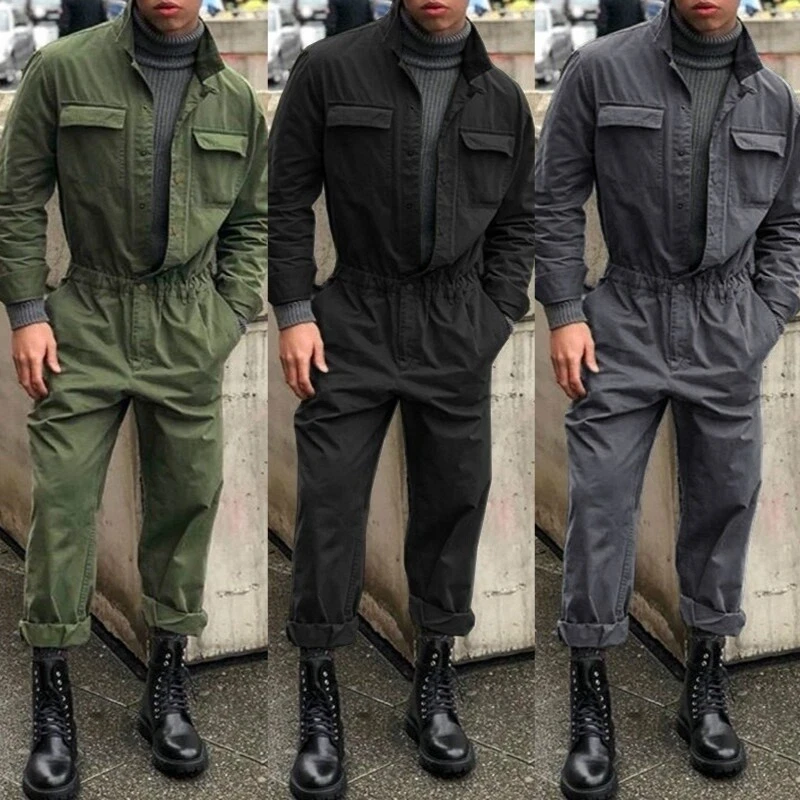 Mens Military Coveralls Casual Romper Loose Workwear Jumpsuit Long Sleeves  Pant