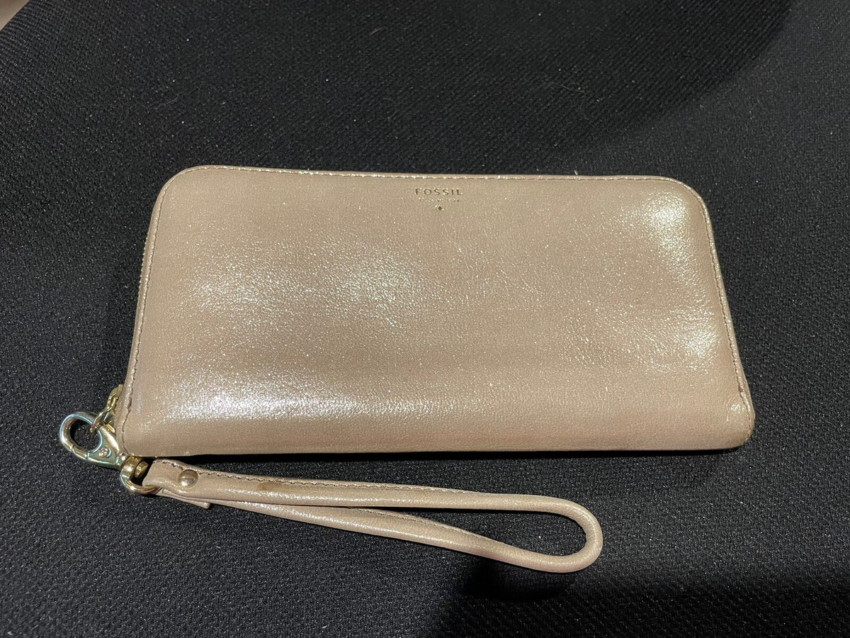 Women's FOSSIL Zip Around Wallet With Wrist Strap, Gold with Pink