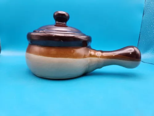 Vtg Pottery Stoneware Crock Clay Chili Onion Soup Bowl w/Ridges & w/Lid NO Chips
