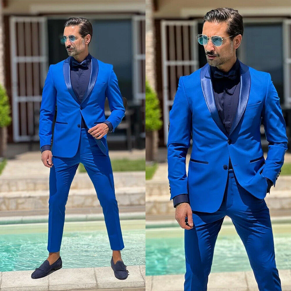 Men Slim Fit Suit 2 Piece Blue Shawl Lapel Party Prom Diner Tuxedo Wedding Suit