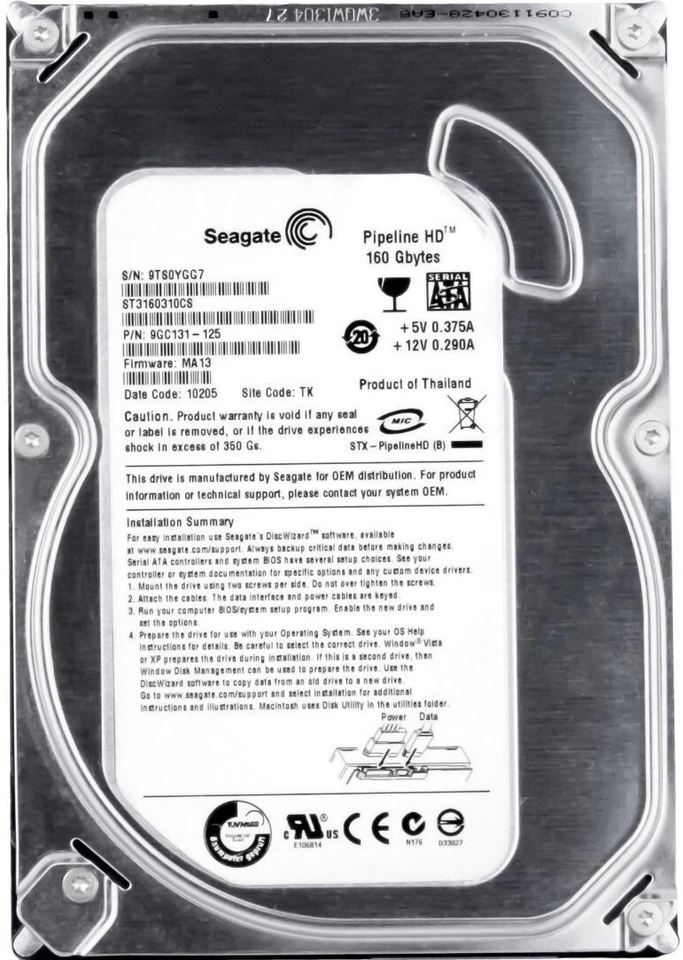Hard Drive Seagate Pipeline HD ST3160310CS 160GB 5400U/Min 8MB SATA II 3.5 " - Image 3 of 3